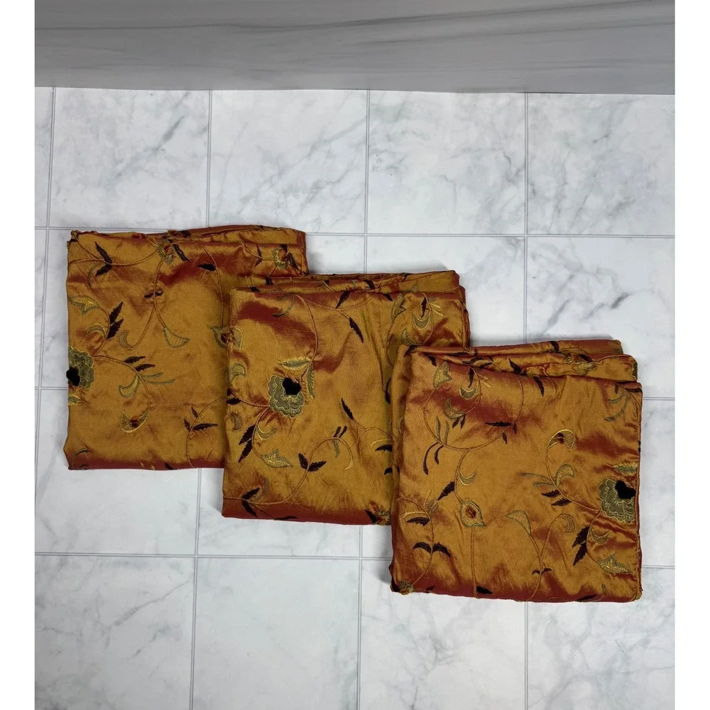 Set of 3 Floral Embroidered Faux Silk Pillow Shams Rust Gold Iridescent 17x17